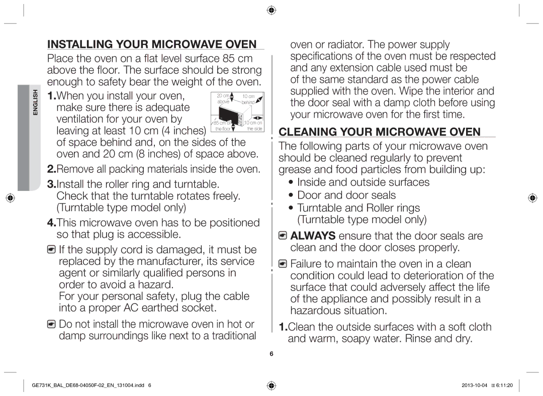 Samsung GE731K/BAL manual Installing your microwave oven, Inside and outside surfaces Door and door seals 