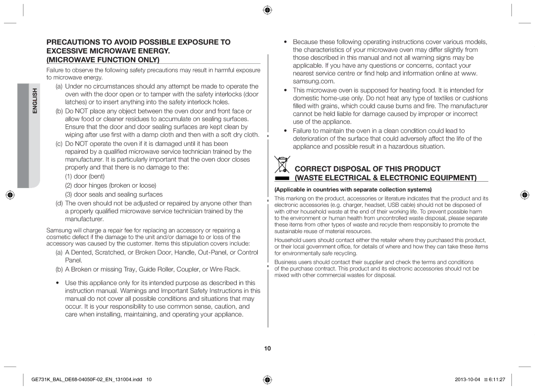 Samsung GE731K/BAL manual Applicable in countries with separate collection systems 