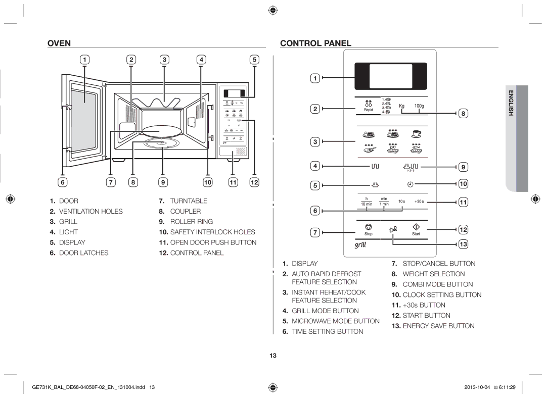 Samsung GE731K/BAL manual Oven Control panel, 11. +30s Button 