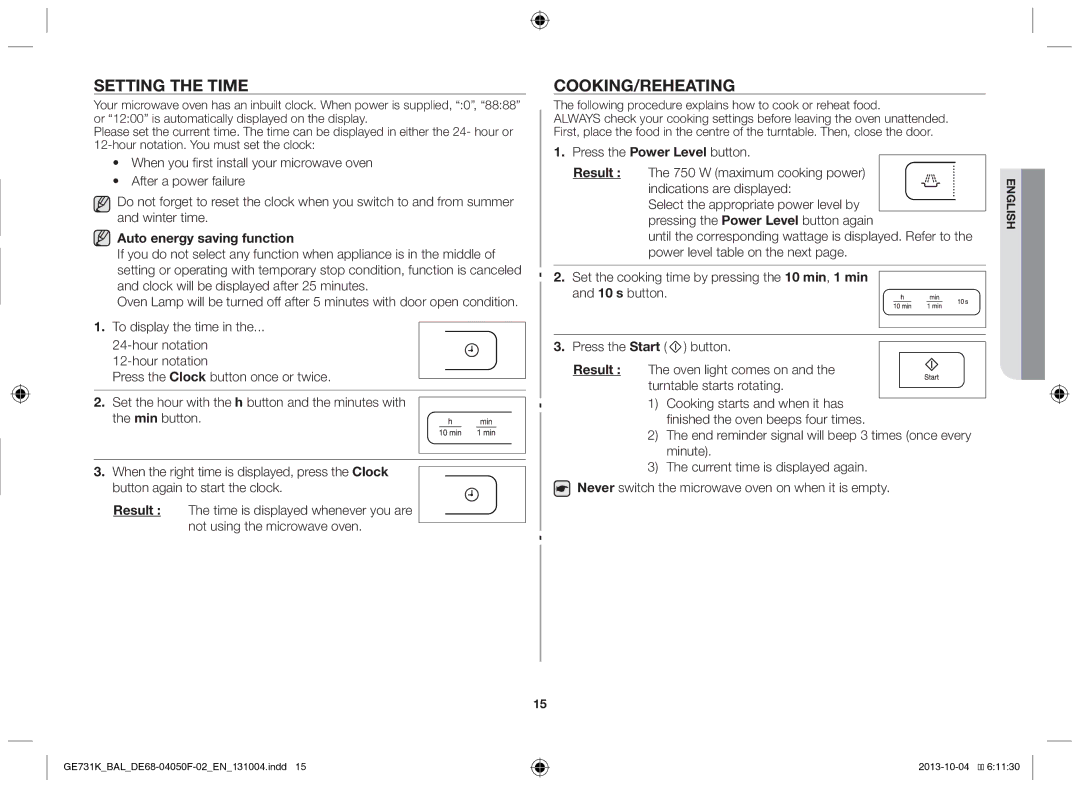 Samsung GE731K/BAL Setting the time, Cooking/Reheating, Auto energy saving function, Hour notation. You must set the clock 