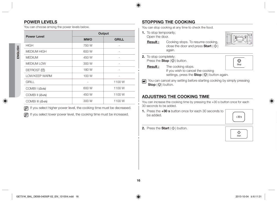 Samsung GE731K/BAL manual Power levels, Stopping the cooking, Adjusting the cooking time, Result, Cooking stops 