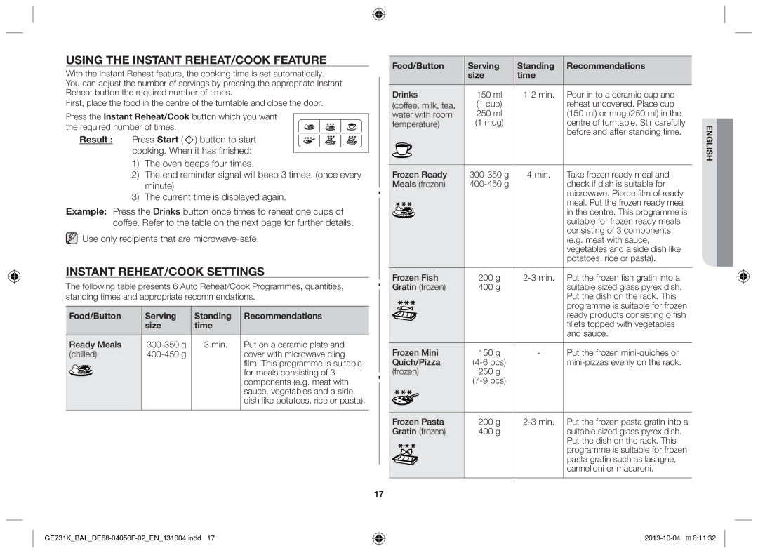 Samsung GE731K/BAL manual Using the instant reheat/Cook feature, Instant reheat/Cook settings 