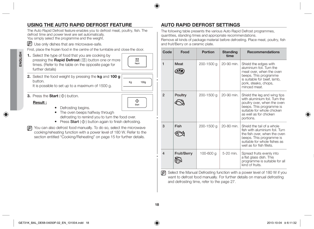 Samsung GE731K/BAL manual Using the auto rapid defrost feature, Auto rapid defrost settings 