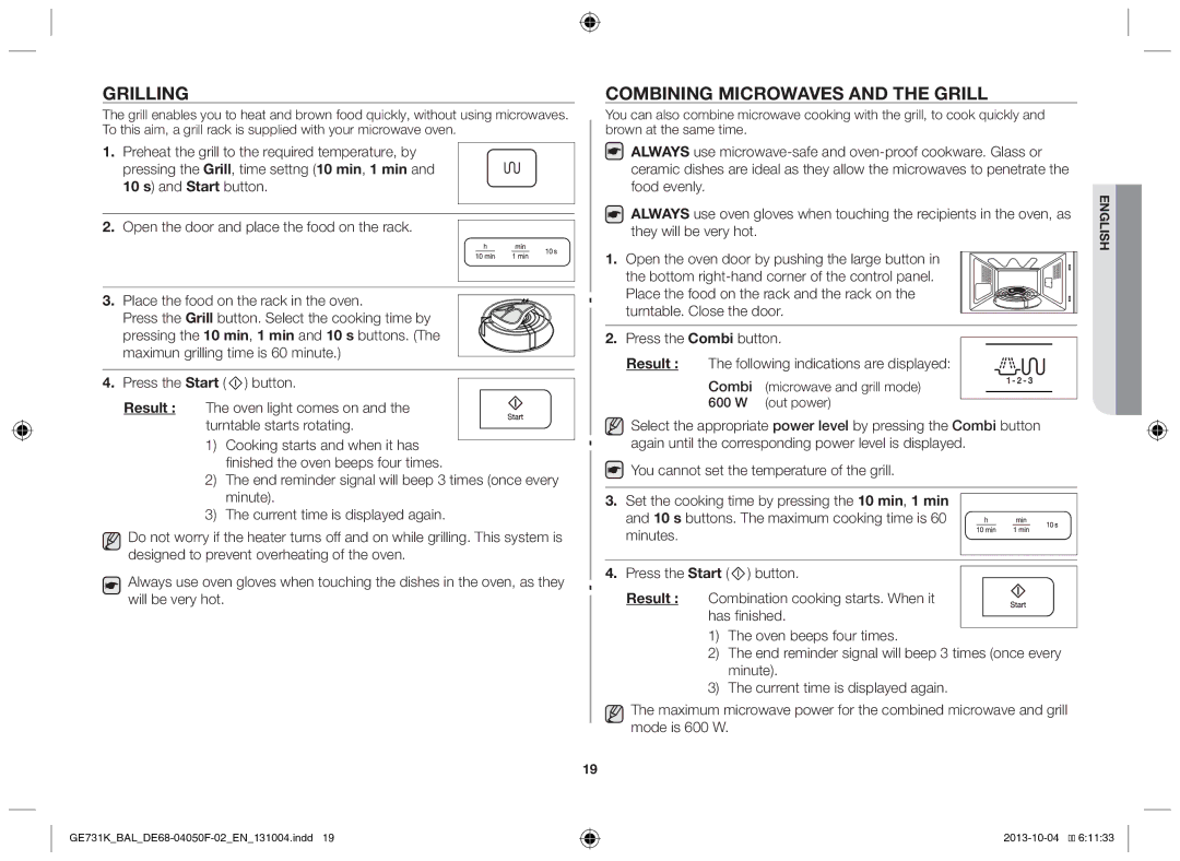Samsung GE731K/BAL manual Grilling, Combining microwaves and the grill, Combi microwave and grill mode 600 W out power 