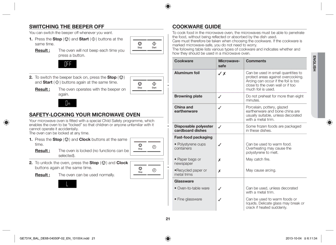 Samsung GE731K/BAL manual Switching the beeper off, Safety-locking your microwave oven, Cookware guide 