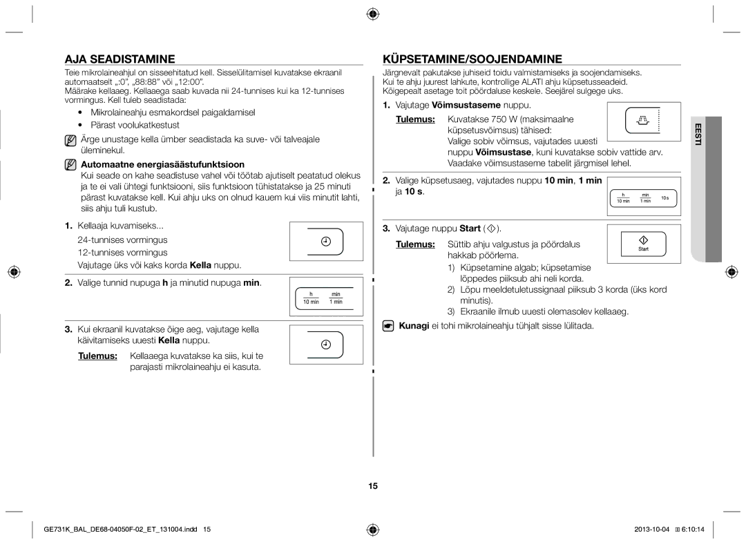 Samsung GE731K/BAL manual Aja seadistamine, Küpsetamine/Soojendamine, Automaatne energiasäästufunktsioon 