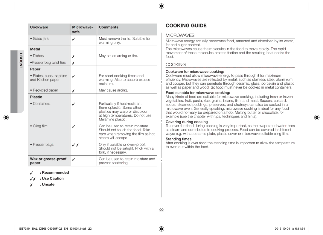 Samsung GE731K/BAL manual Cooking guide, Microwaves 