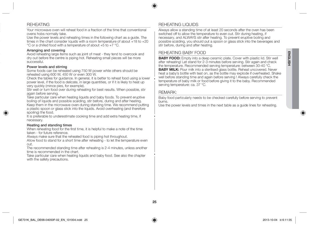 Samsung GE731K/BAL manual Reheating Liquids, Reheating Baby Food, Remark 