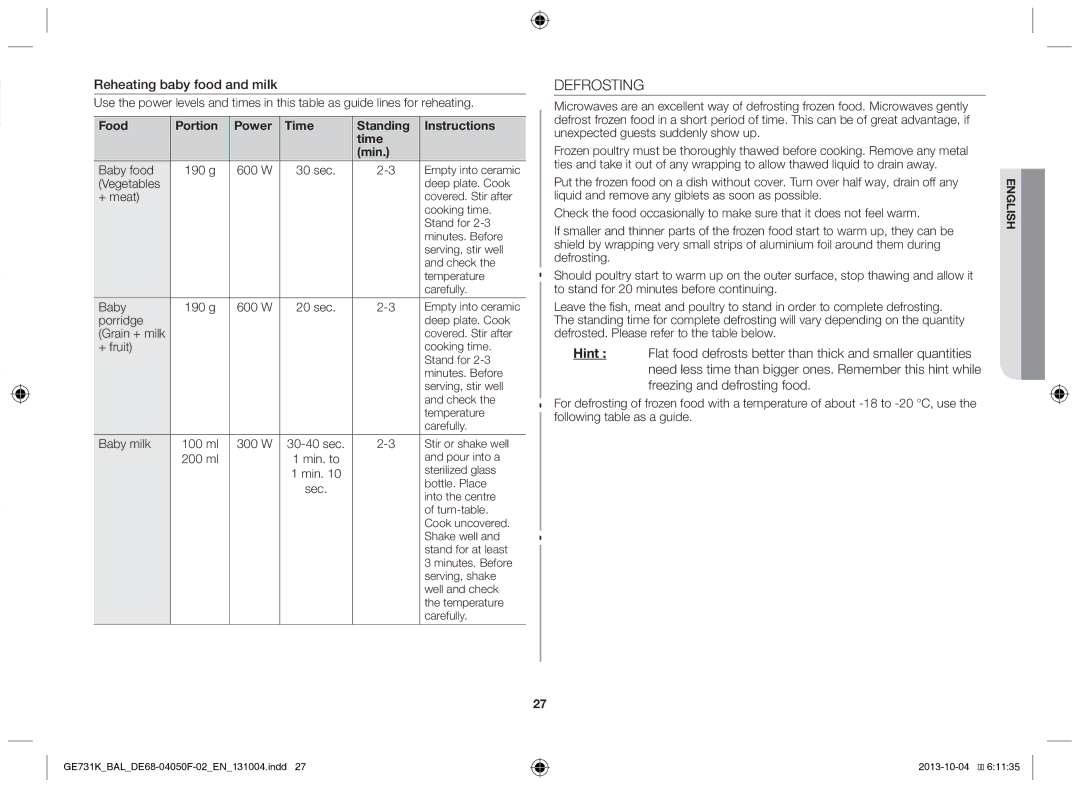 Samsung GE731K/BAL manual Defrosting, Reheating baby food and milk 