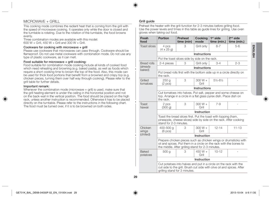 Samsung GE731K/BAL manual Microwave + Grill, Grill guide 