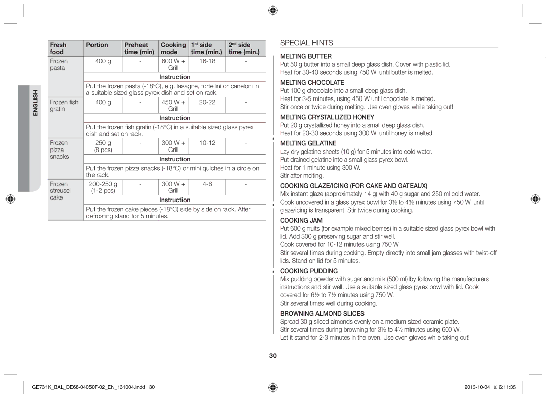 Samsung GE731K/BAL manual Special Hints 