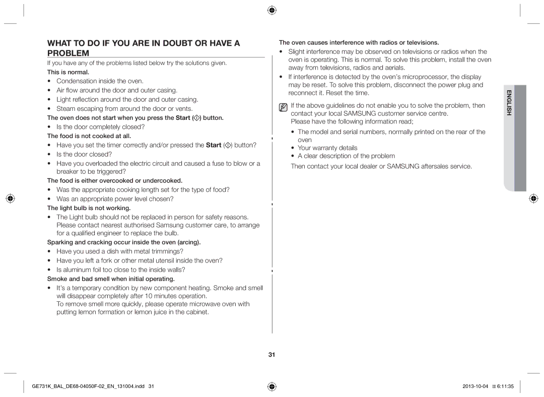 Samsung GE731K/BAL manual What to do if you are in doubt or have a problem 