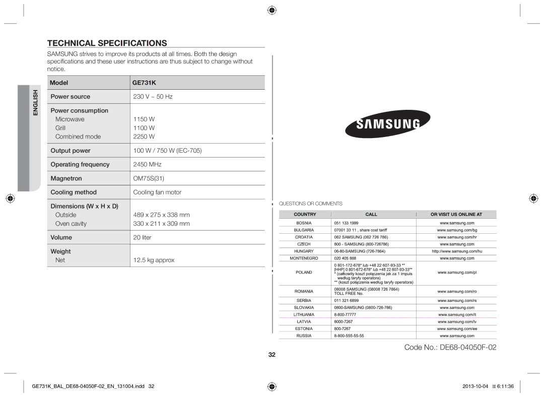 Samsung GE731K/BAL manual Technical specifications, Code No. DE68-04050F-02, Model GE731K 