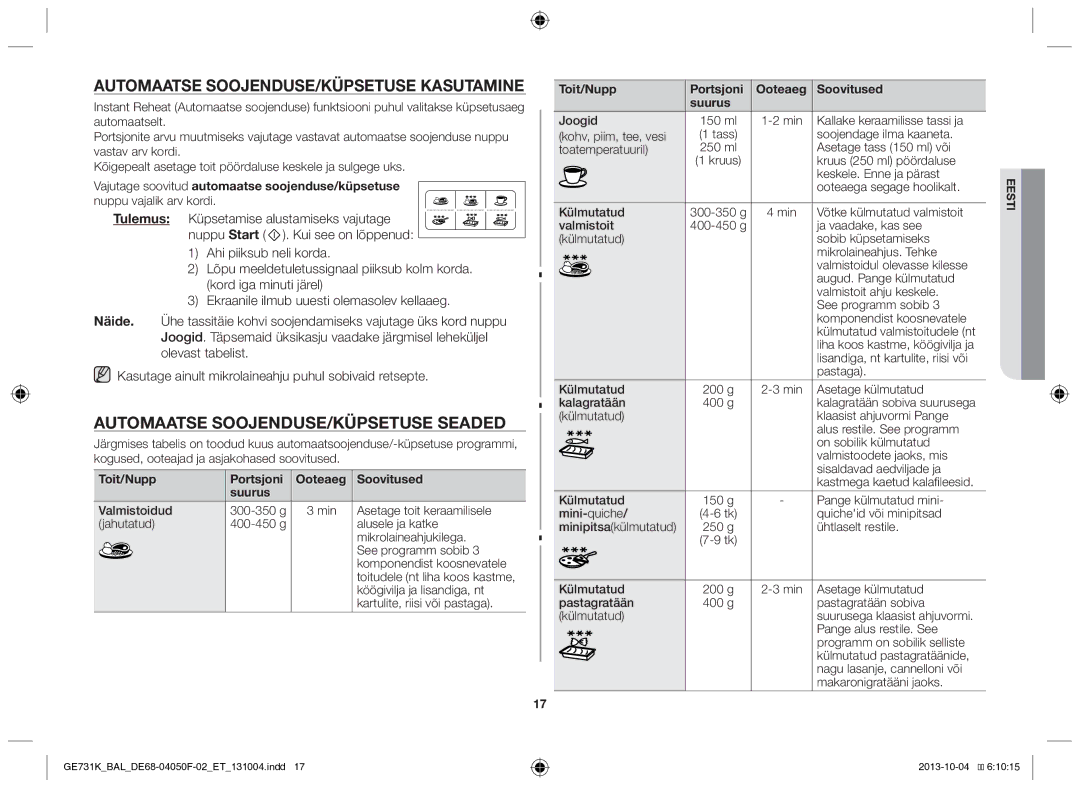 Samsung GE731K/BAL manual Automaatse soojenduse/küpsetuse kasutamine, Automaatse soojenduse/küpsetuse seaded, Tulemus 