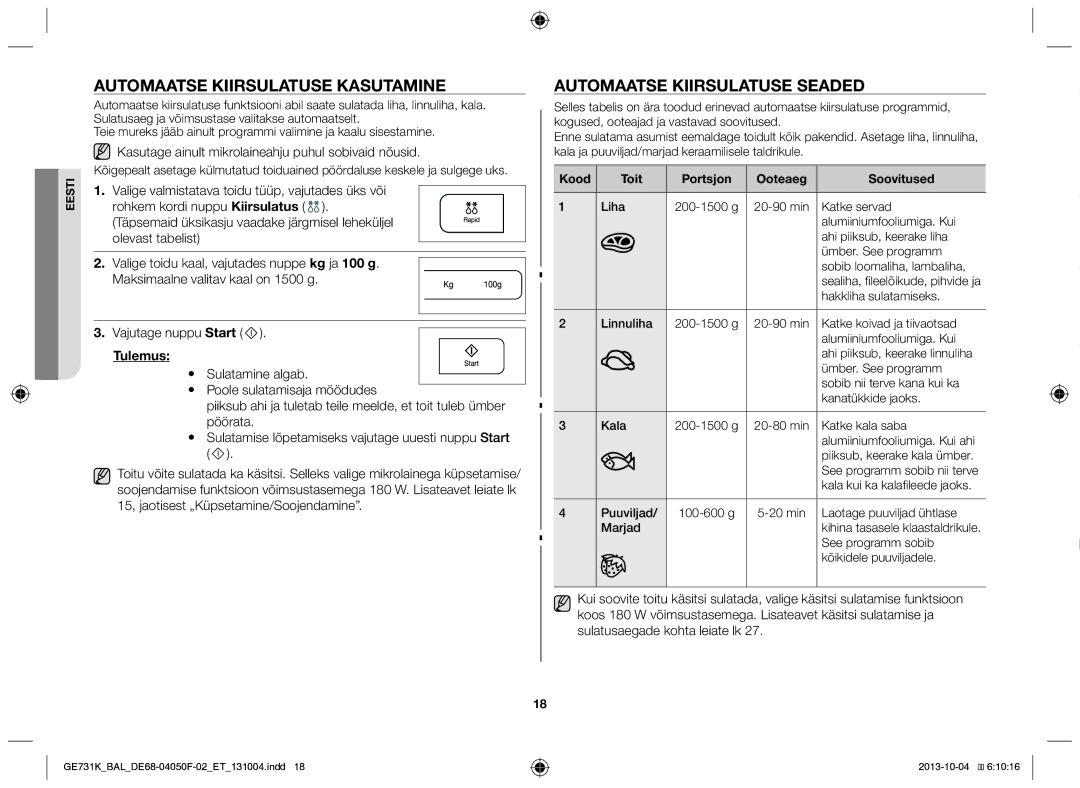 Samsung GE731K/BAL Automaatse kiirsulatuse kasutamine, Automaatse kiirsulatuse seaded, Rohkem kordi nuppu Kiirsulatus 