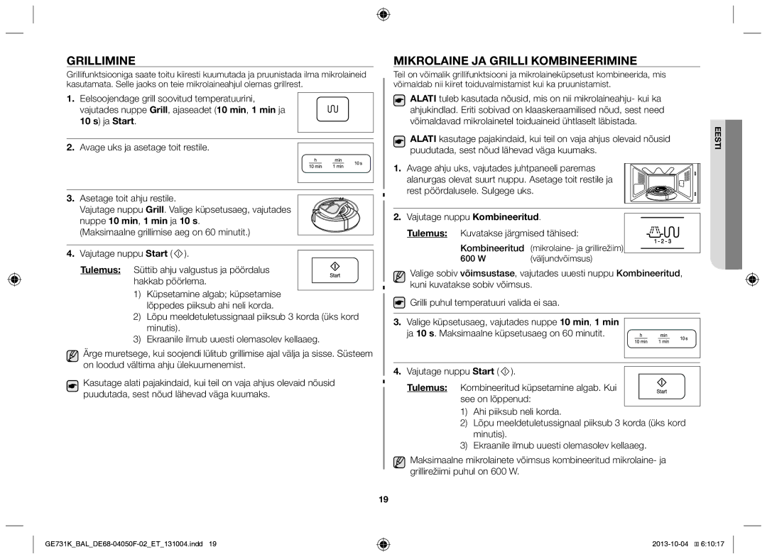 Samsung GE731K/BAL manual Grillimine, Mikrolaine ja grilli kombineerimine, 600 W Väljundvõimsus 