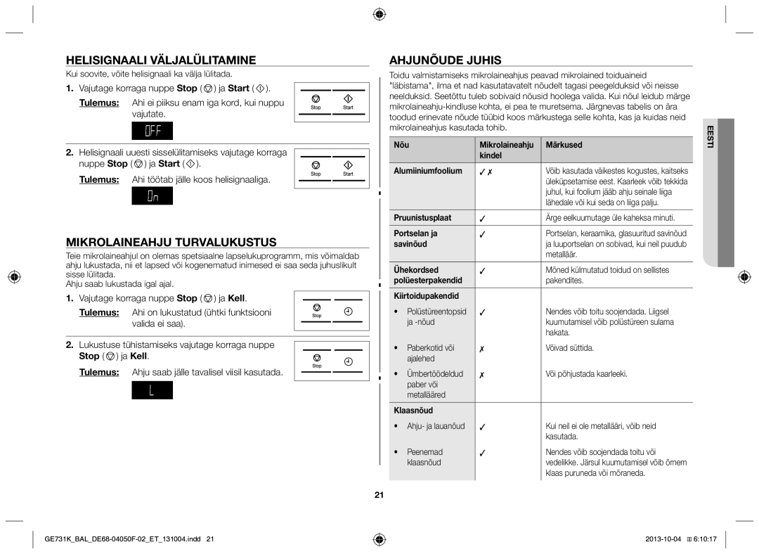 Samsung GE731K/BAL manual Helisignaali väljalülitamine, Mikrolaineahju turvalukustus, Ahjunõude juhis, Stop ja Kell 