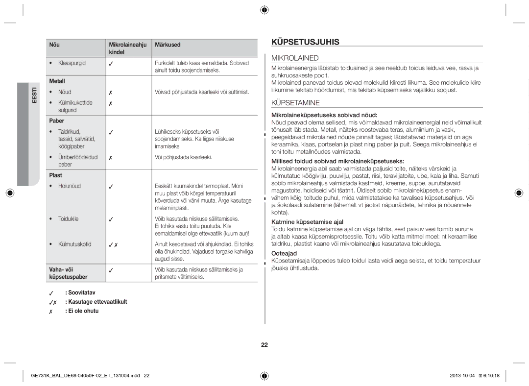 Samsung GE731K/BAL manual Küpsetusjuhis, Mikrolained, Küpsetamine 