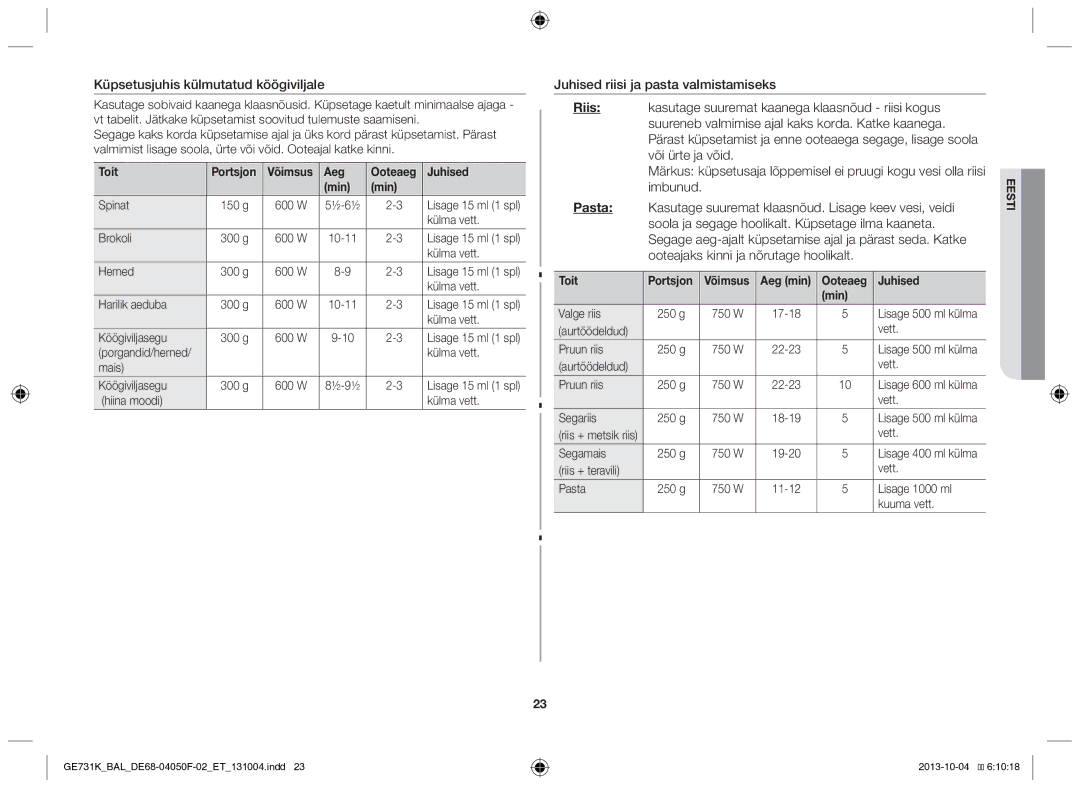 Samsung GE731K/BAL manual Küpsetusjuhis külmutatud köögiviljale, Toit Portsjon, Aeg Ooteaeg Juhised Min 