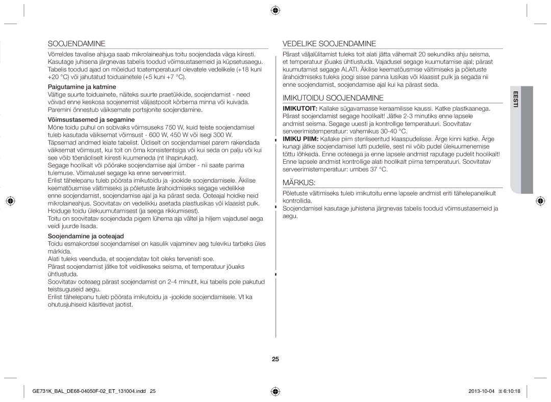 Samsung GE731K/BAL manual Vedelike Soojendamine, Imikutoidu Soojendamine, Märkus 