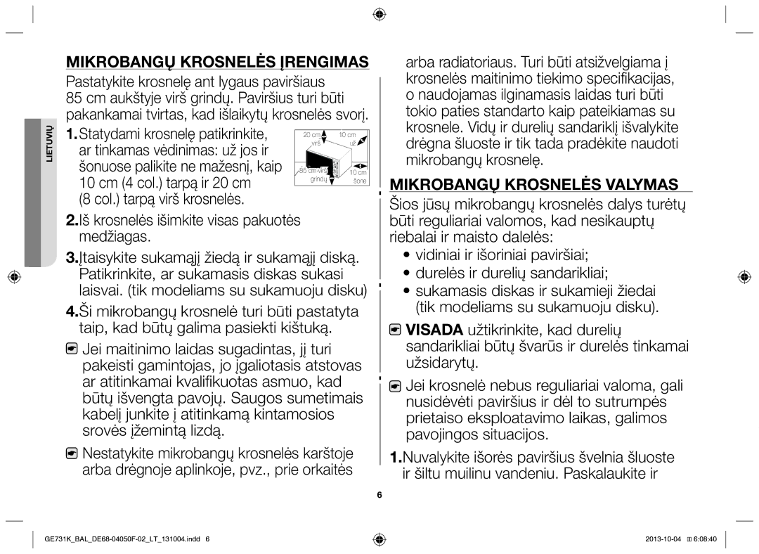 Samsung GE731K/BAL manual Pastatykite krosnelę ant lygaus paviršiaus, Col. tarpą virš krosnelės 