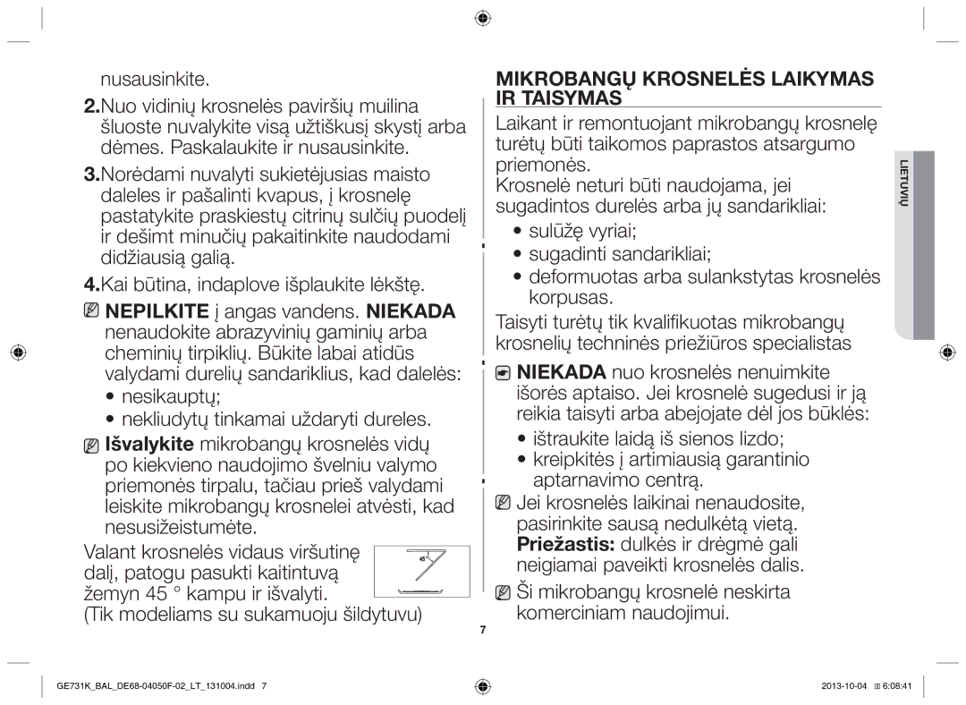 Samsung GE731K/BAL manual Nusausinkite, Mikrobangų krosnelės laikymas ir taisymas 