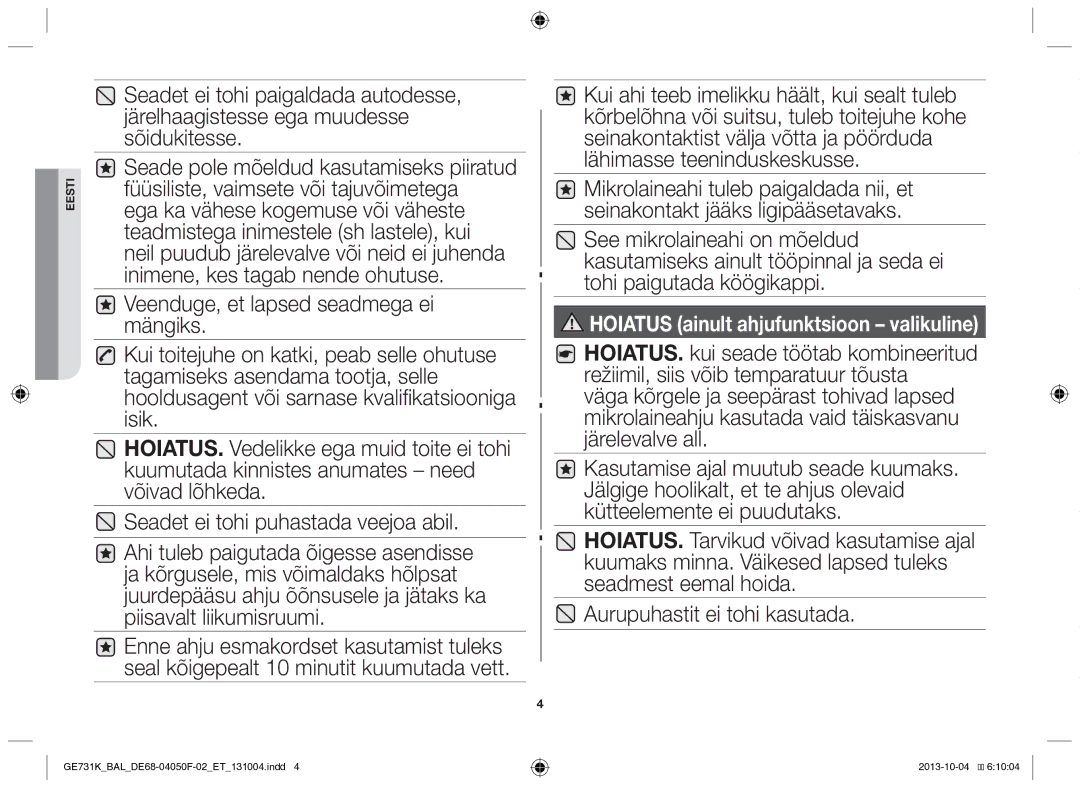 Samsung GE731K/BAL manual Hoiatus ainult ahjufunktsioon valikuline 