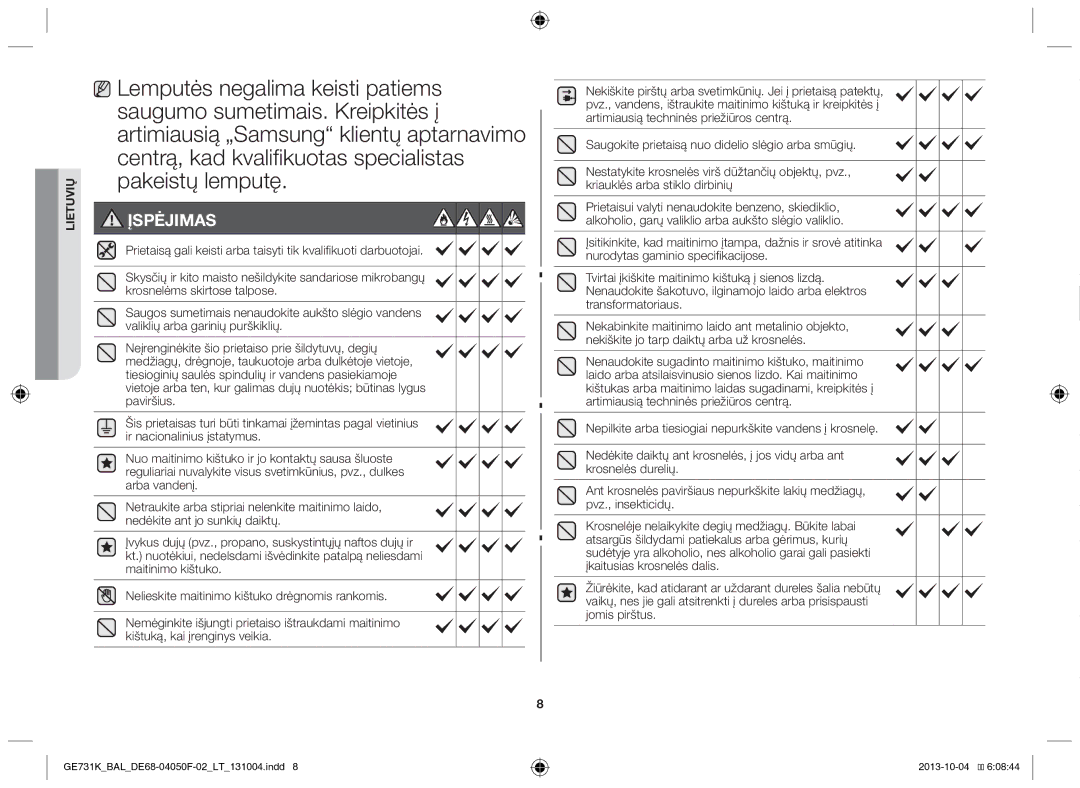 Samsung GE731K/BAL manual Lemputės negalima keisti patiems, Saugumo sumetimais. Kreipkitės į, Pakeistų lemputę 