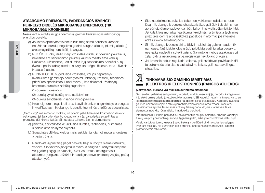 Samsung GE731K/BAL manual Valstybėse, kuriose yra atskiros surinkimo sistemos 