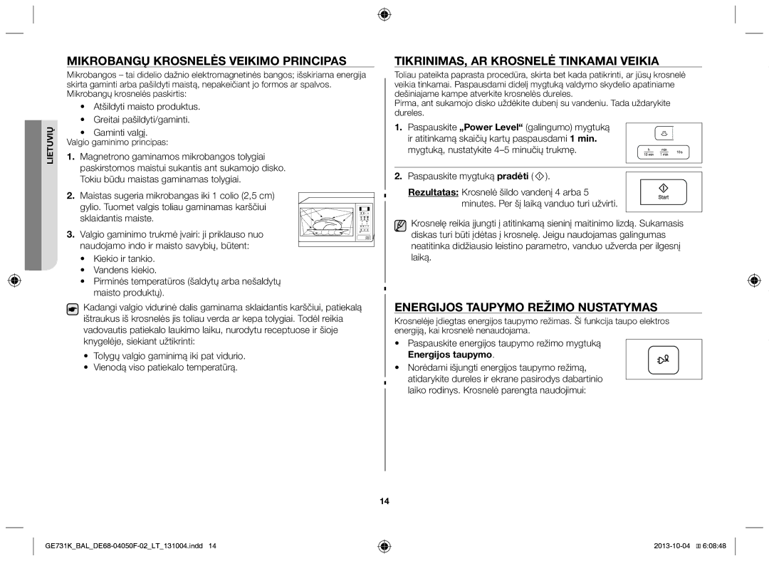 Samsung GE731K/BAL Mikrobangų krosnelės veikimo principas, Tikrinimas, ar krosnelė tinkamai veikia, Energijos taupymo 