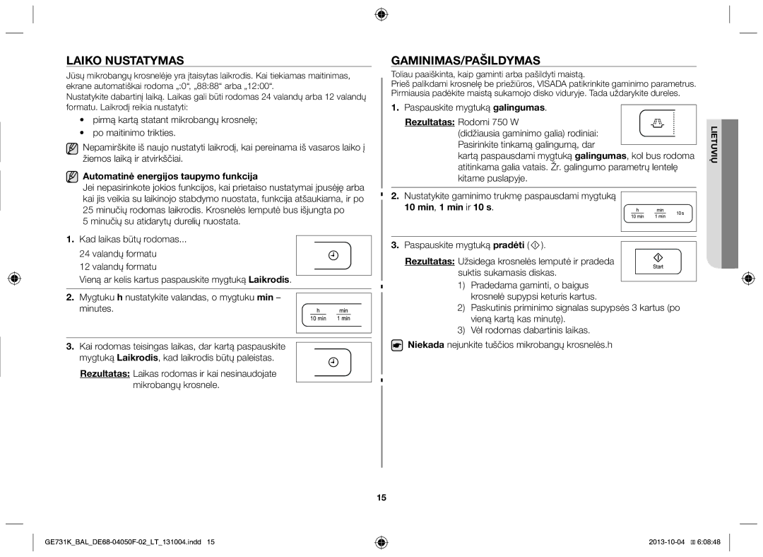 Samsung GE731K/BAL Laiko nustatymas, Gaminimas/Pašildymas, Automatinė energijos taupymo funkcija, 10 min, 1 min ir 10 s 