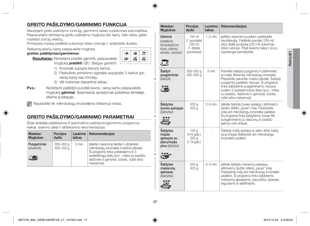 Samsung GE731K/BAL manual Greito pašildymo/gaminimo funkcija, Greito pašildymo/gaminimo parametrai 