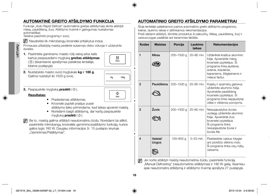 Samsung GE731K/BAL manual Automatinė greito atšildymo funkcija, Automatinio greito atšildymo parametrai, Rezultatas 