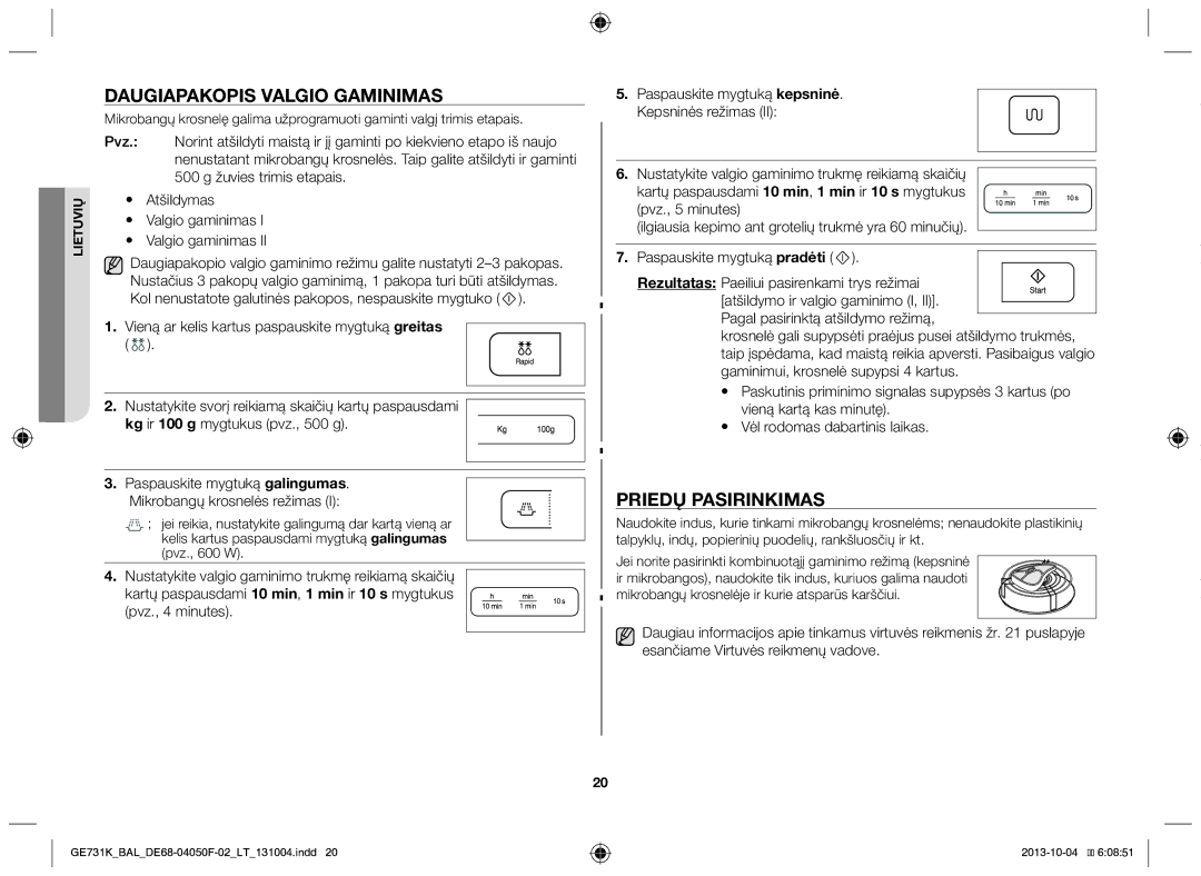 Samsung GE731K/BAL manual Daugiapakopis valgio gaminimas, Priedų pasirinkimas 