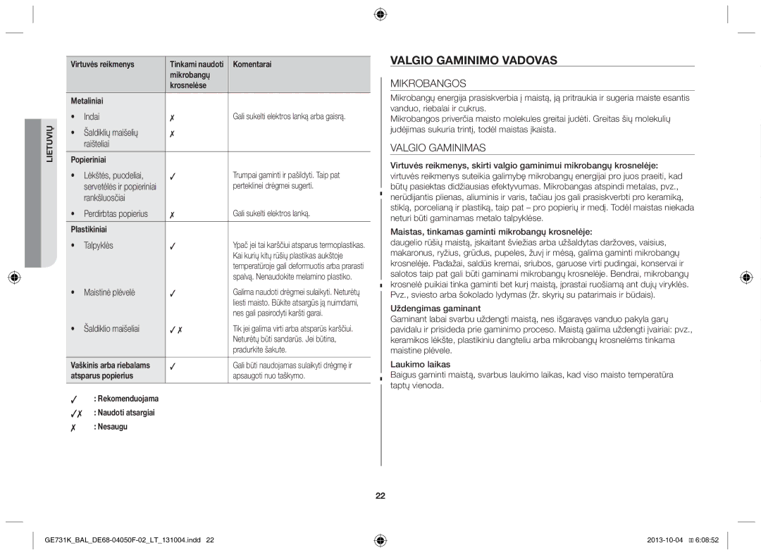 Samsung GE731K/BAL manual Valgio gaminimo vadovas, Mikrobangos, Valgio Gaminimas 