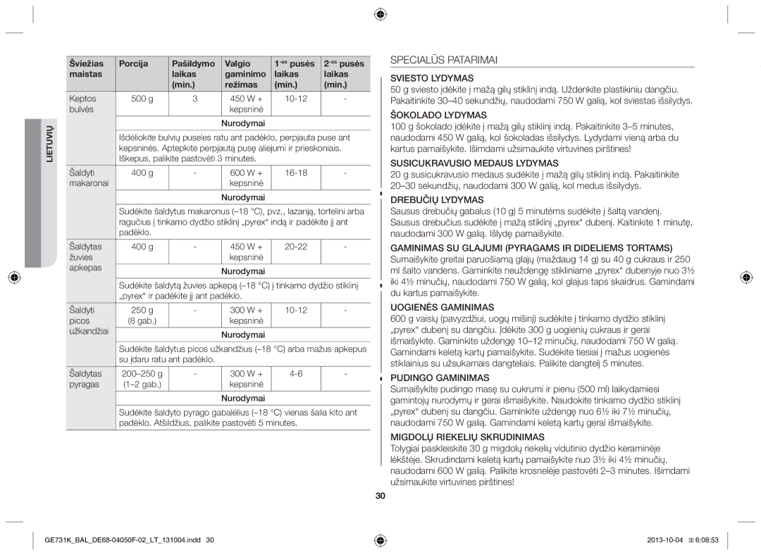 Samsung GE731K/BAL manual Specialūs Patarimai, Šviežias Porcija Pašildymo Valgio Ospusės Maistas Laikas, Laikas Min Režimas 