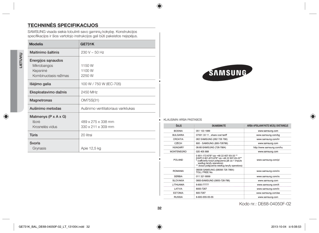 Samsung GE731K/BAL manual Techninės specifikacijos, Kodo nr. DE68-04050F-02, Modelis GE731K 