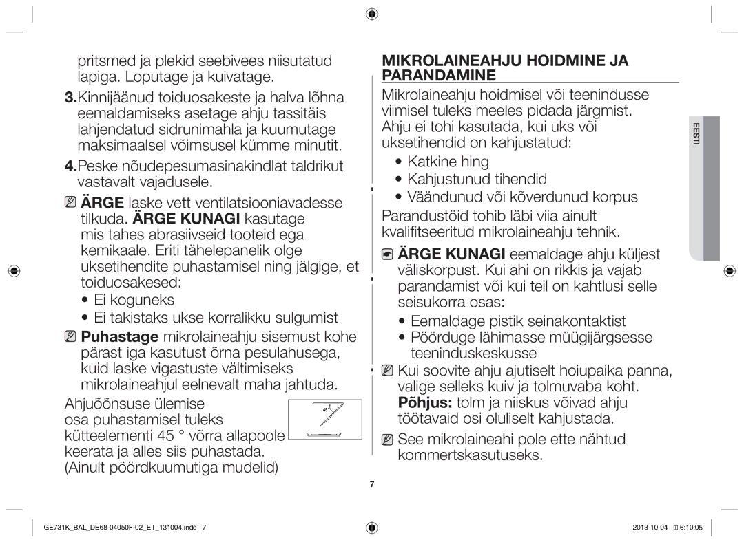 Samsung GE731K/BAL manual Mikrolaineahju hoidmine ja parandamine 