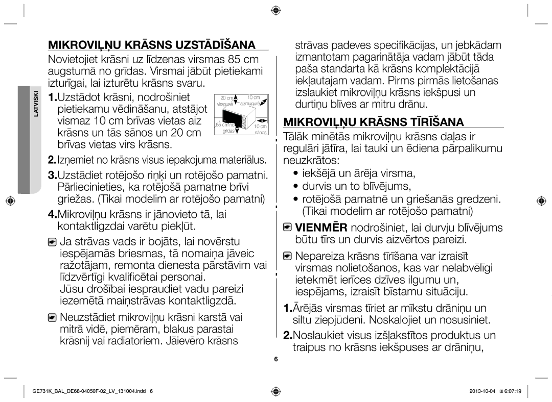 Samsung GE731K/BAL manual Mikroviļņu krāsns uzstādīšana 