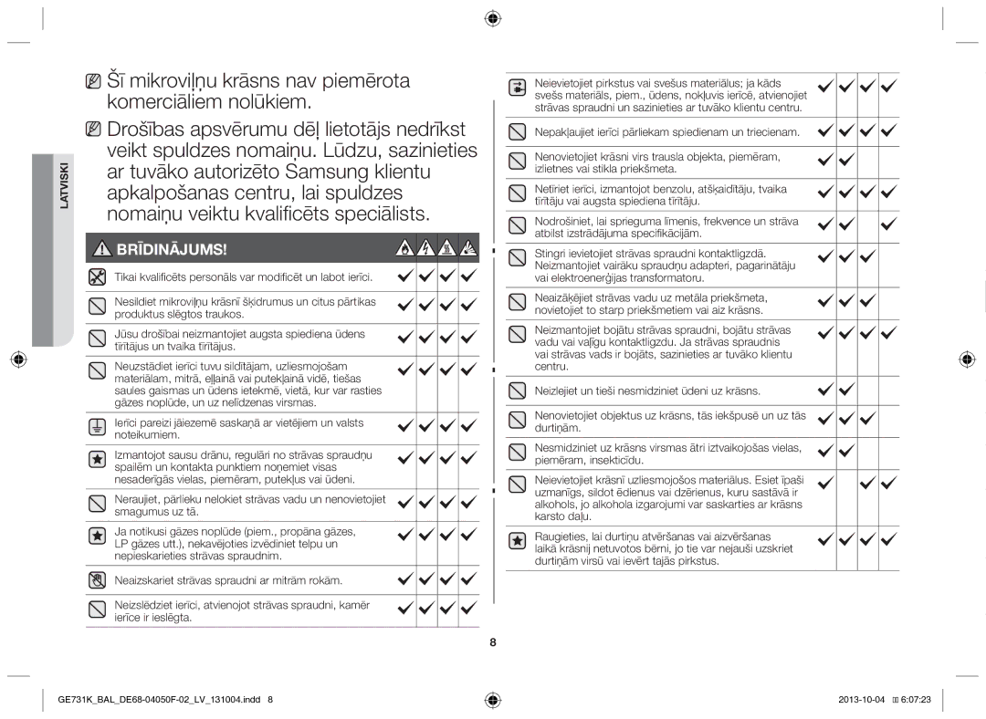 Samsung GE731K/BAL manual Brīdinājums 