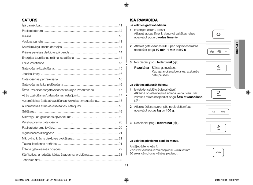 Samsung GE731K/BAL manual Saturs, Īsā pamācība, Nospiediet pogu Iedarbināt 