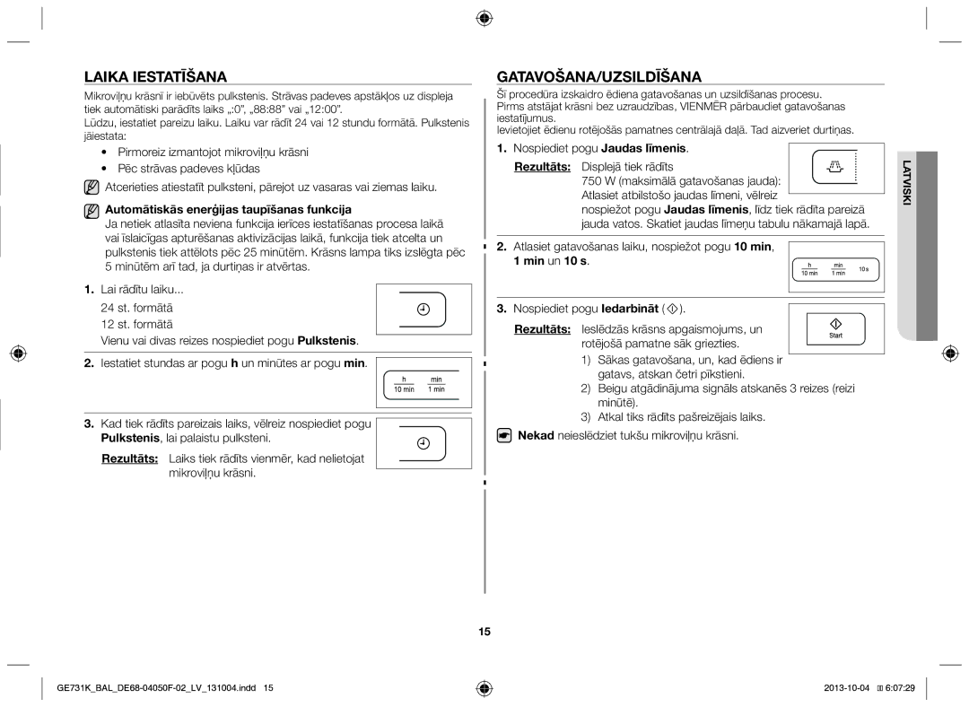 Samsung GE731K/BAL Laika iestatīšana, Gatavošana/Uzsildīšana, Automātiskās enerģijas taupīšanas funkcija, Min un 10 s 