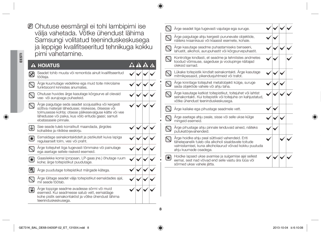 Samsung GE731K/BAL manual Hoiatus 