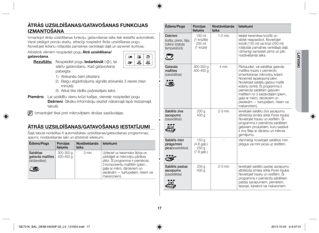 Samsung GE731K/BAL manual Ātrās uzsildīšanas/gatavošanas funkcijas izmantošana, Ātrās uzsildīšanas/gatavošanas iestatījumi 