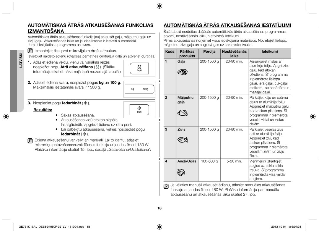 Samsung GE731K/BAL Automātiskas ātrās atkausēšanas funkcijas izmantošana, Automātiskās ātrās atkausēšanas iestatījumi 