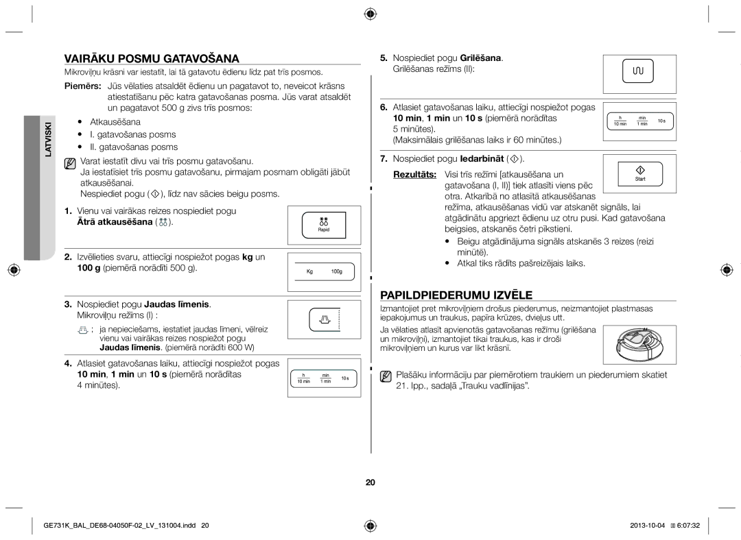 Samsung GE731K/BAL manual Vairāku posmu gatavošana, Papildpiederumu izvēle, Ātrā atkausēšana 