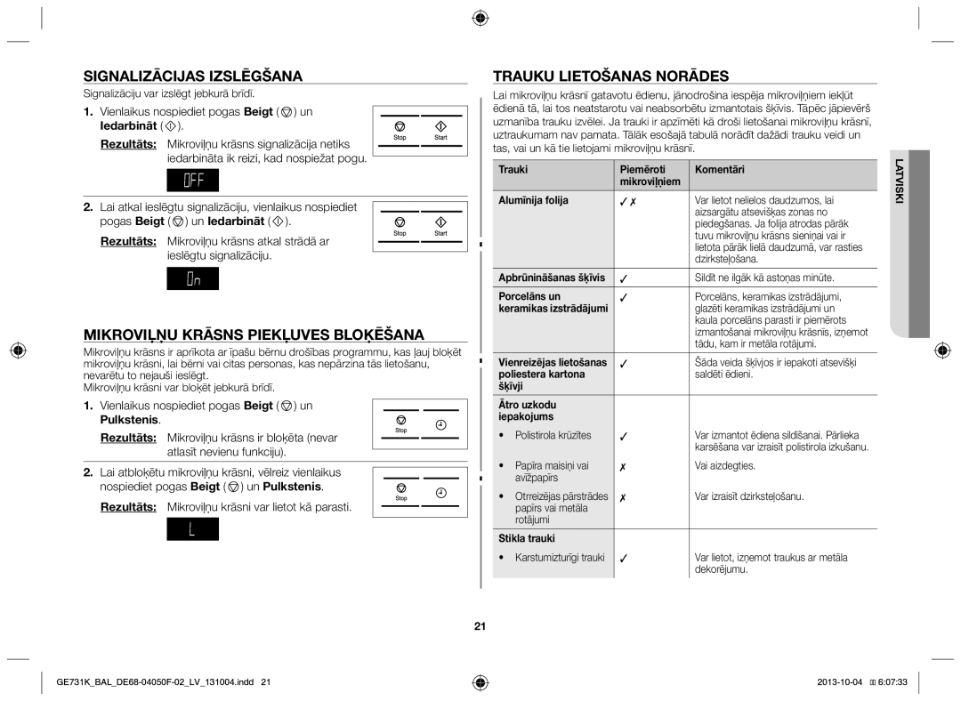 Samsung GE731K/BAL Signalizācijas izslēgšana, Mikroviļņu krāsns piekļuves bloķēšana, Trauku lietošanas norādes, Pulkstenis 