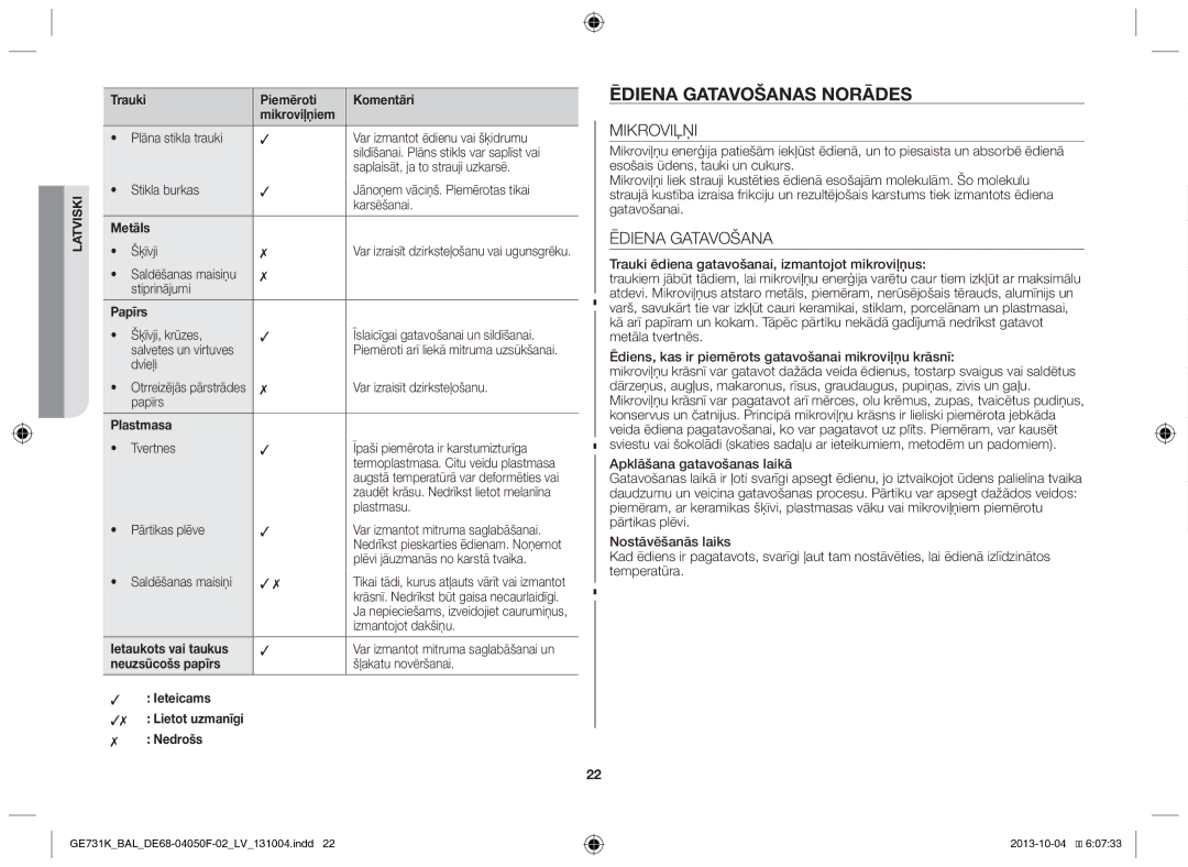 Samsung GE731K/BAL manual Ēdiena gatavošanas norādes, Mikroviļņi, Ēdiena Gatavošana 