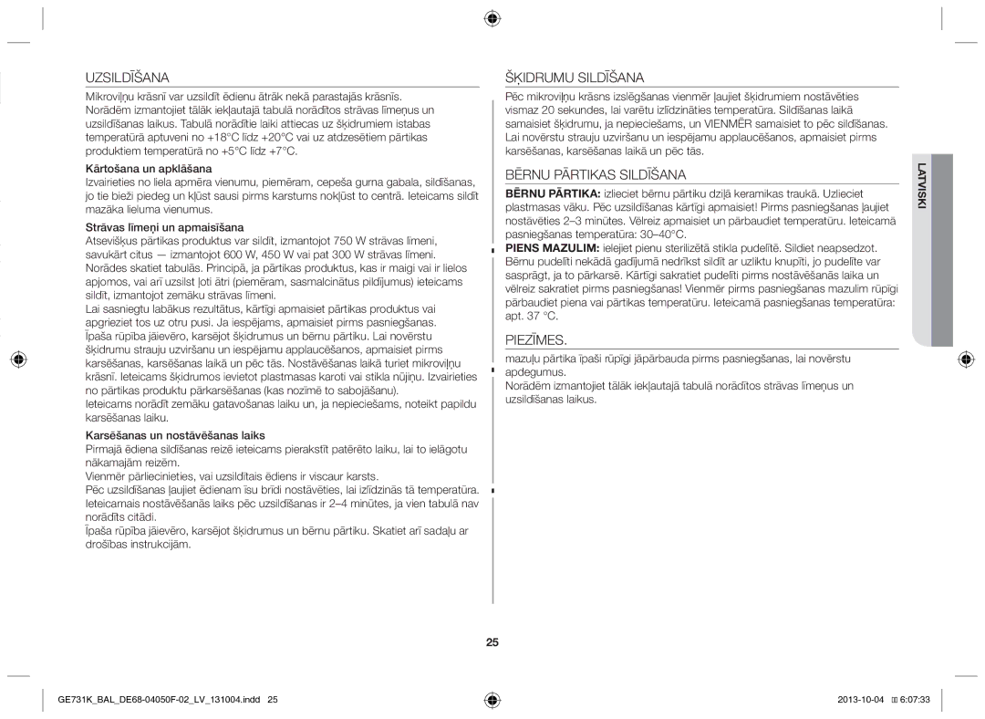 Samsung GE731K/BAL manual Uzsildīšana, Šķidrumu Sildīšana, Bērnu Pārtikas Sildīšana, Piezīmes 