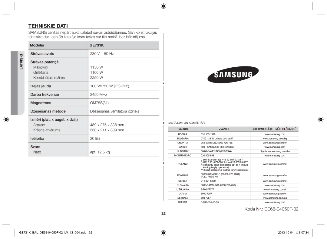 Samsung GE731K/BAL manual Tehniskie dati, Koda Nr. DE68-04050F-02 